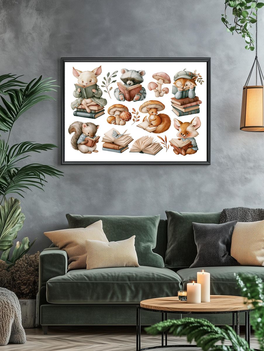 Reading Woodland Animals Illustration Poster. — room view 4