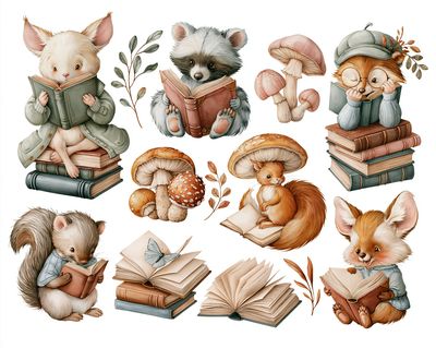 Reading Woodland Animals Illustration Poster. poster
