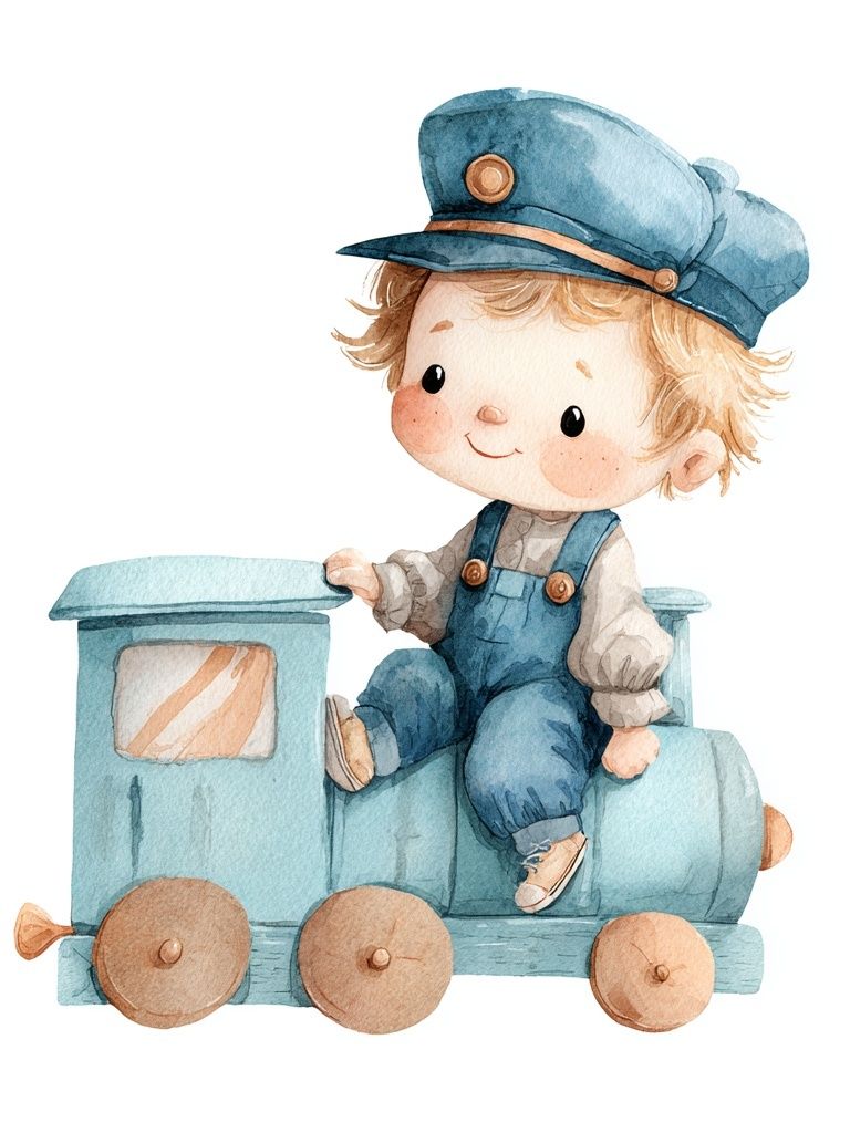 Cute Train Boy — Watercolor Print. poster — kids art