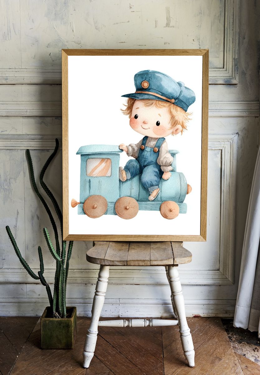 Cute Train Boy — Watercolor Print room preview