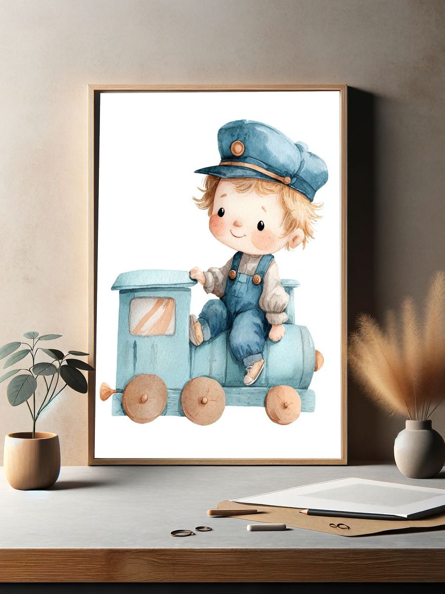 Cute Train Boy — Watercolor Print. — room view 2