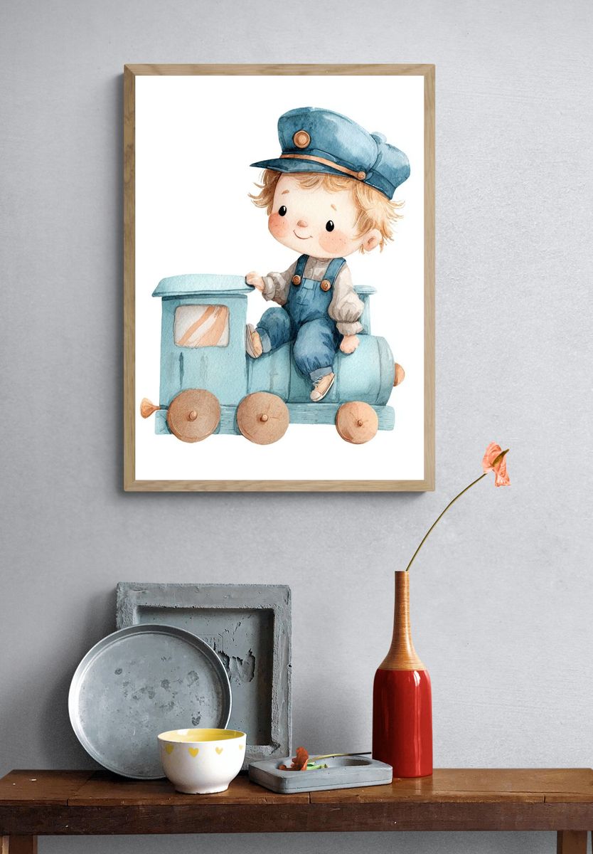 Cute Train Boy — Watercolor Print. — room view 3