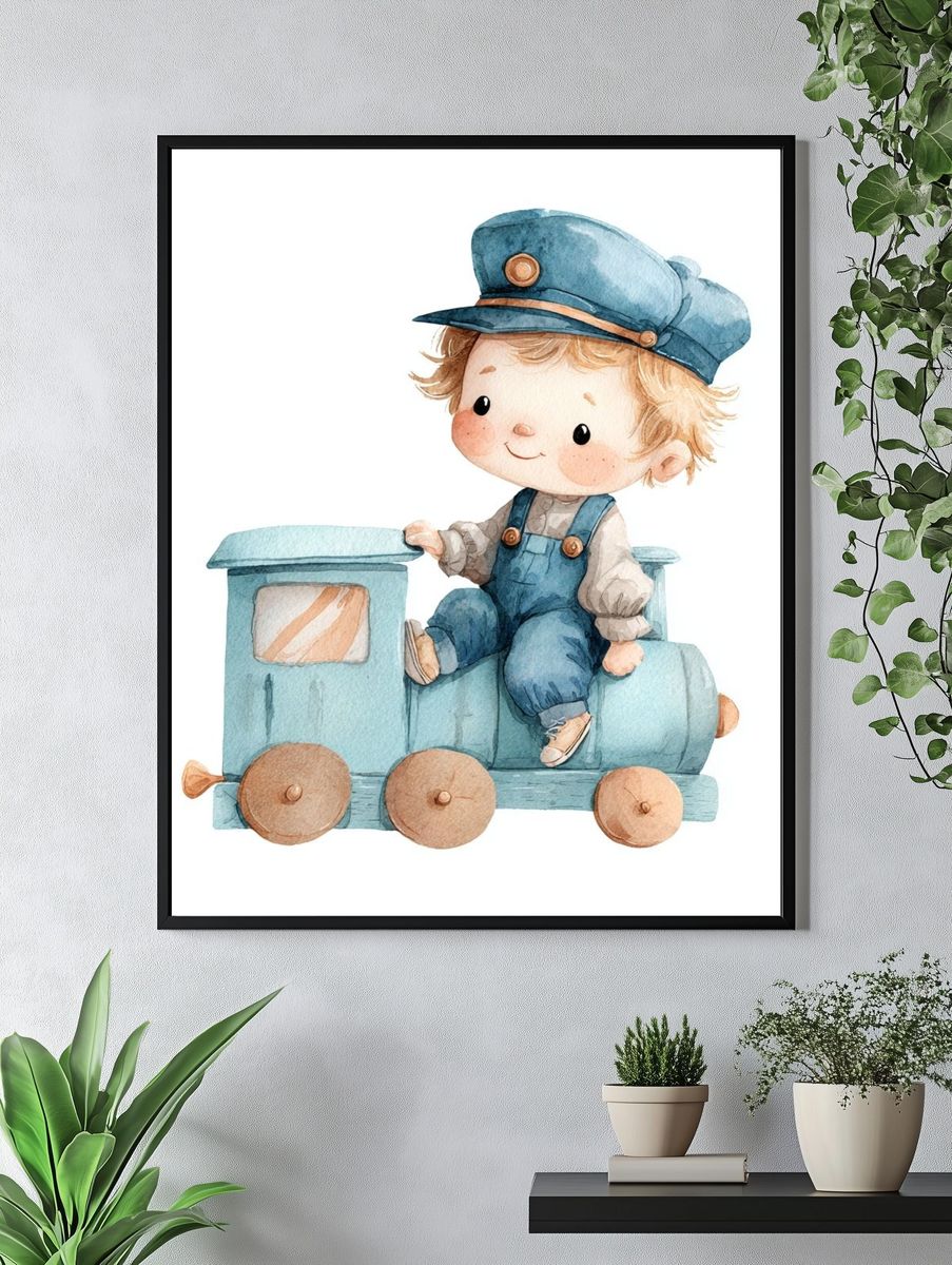 Cute Train Boy — Watercolor Print. — room view 4