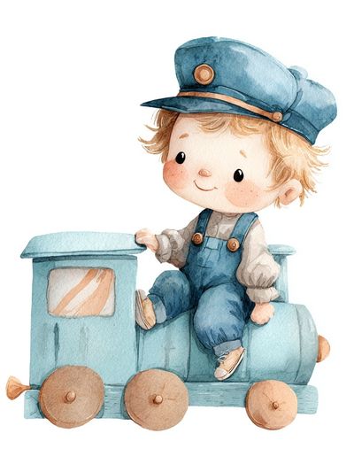 Cute Train Boy — Watercolor Print. poster