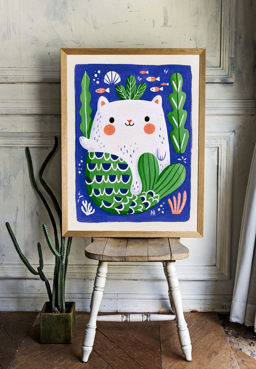 Cute Cat Underwater Illustration Poster. room preview