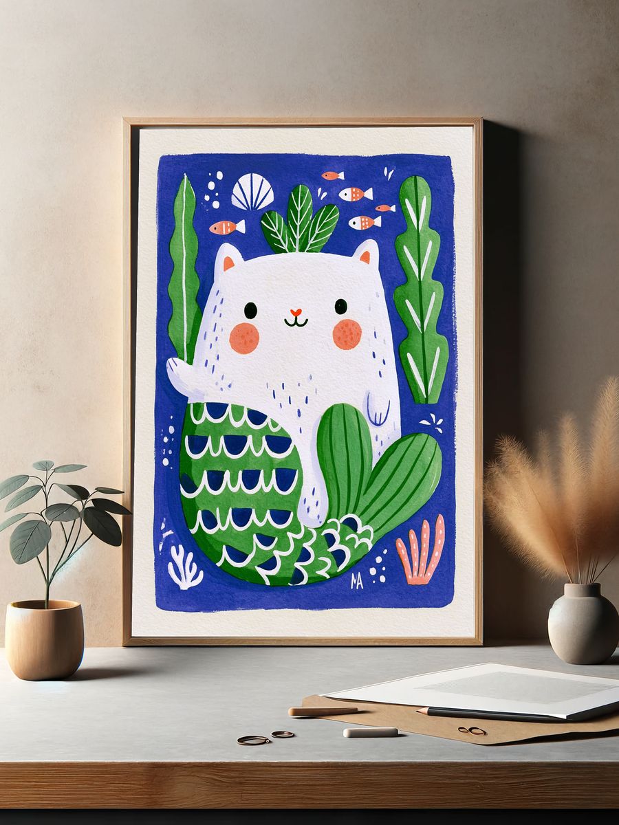 Cute Cat Underwater Illustration Poster. — room view 2