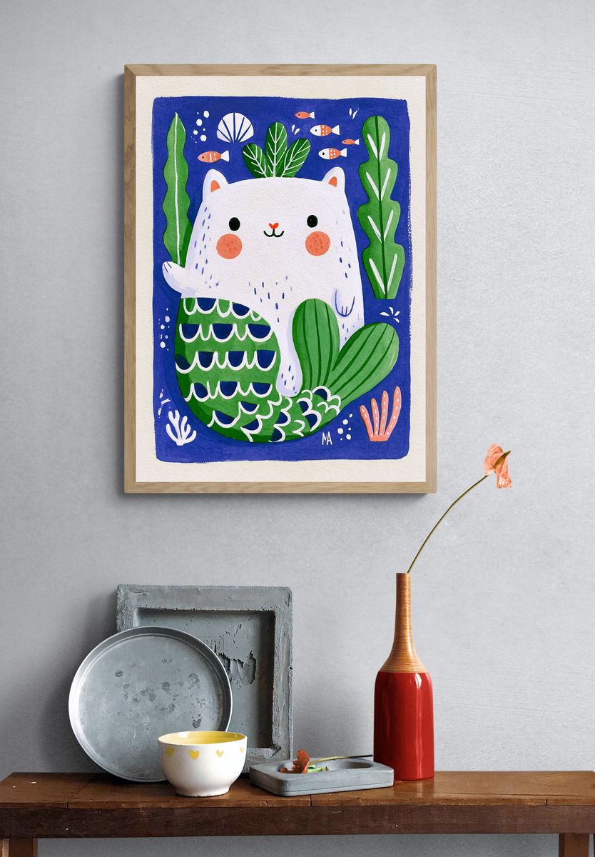 Cute Cat Underwater Illustration Poster. — room view 3