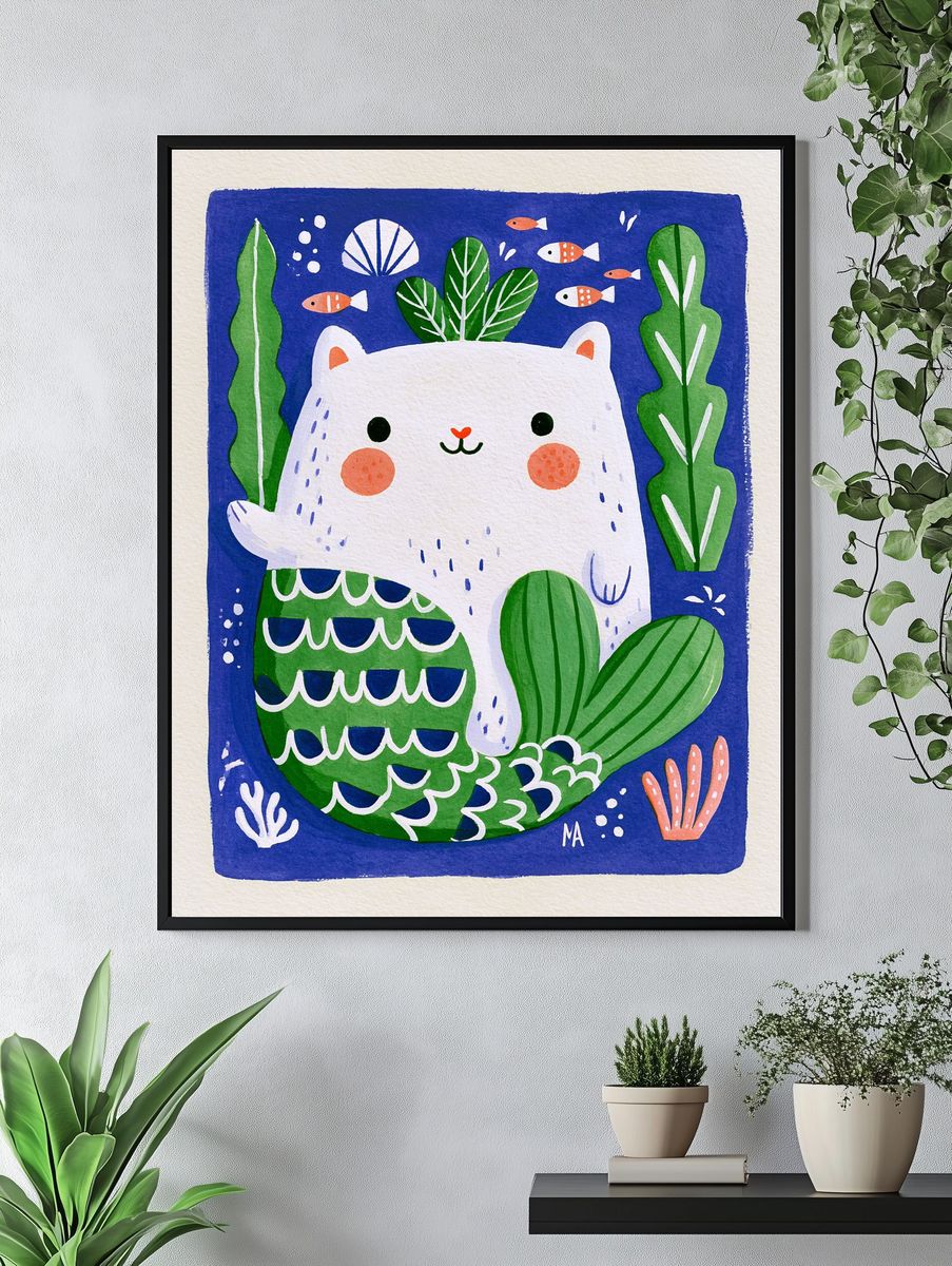 Cute Cat Underwater Illustration Poster. — room view 4