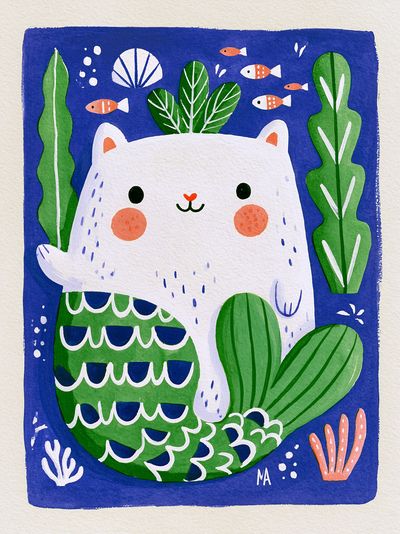 Cute Cat Underwater Illustration Poster. poster