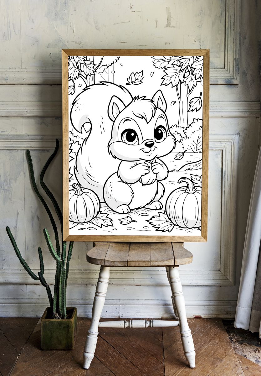 Cute Squirrel Autumn Coloring Poster. room preview