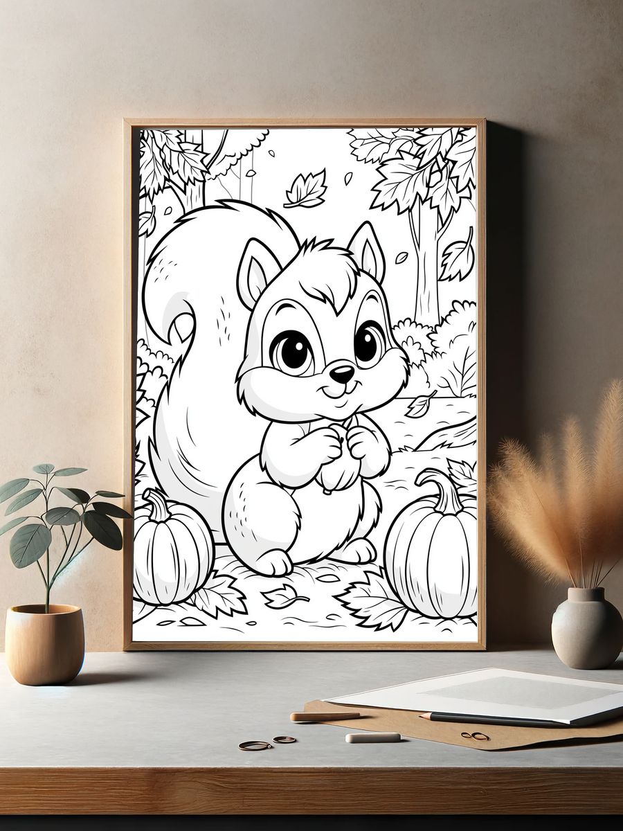 Cute Squirrel Autumn Coloring Poster. — room view 2