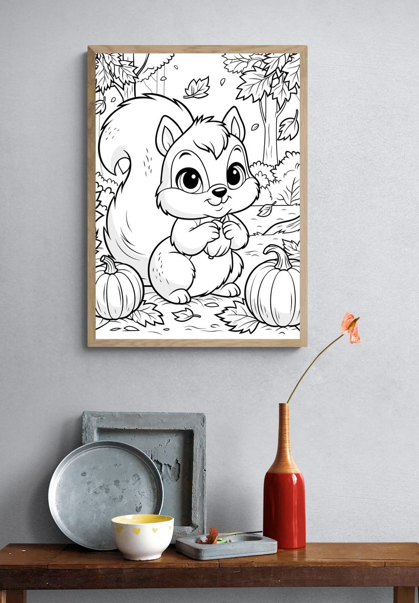 Cute Squirrel Autumn Coloring Poster. — room view 3
