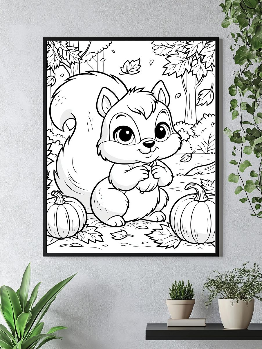 Cute Squirrel Autumn Coloring Poster. — room view 4