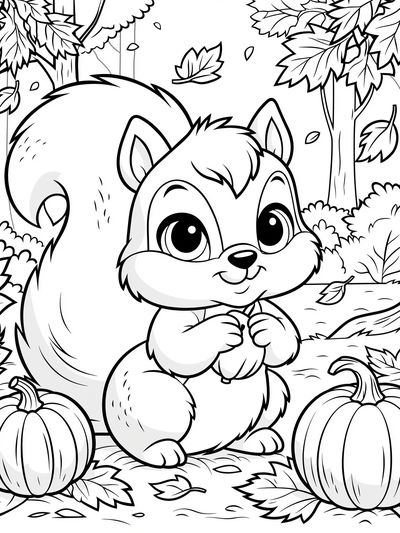Cute Squirrel Autumn Coloring Poster.