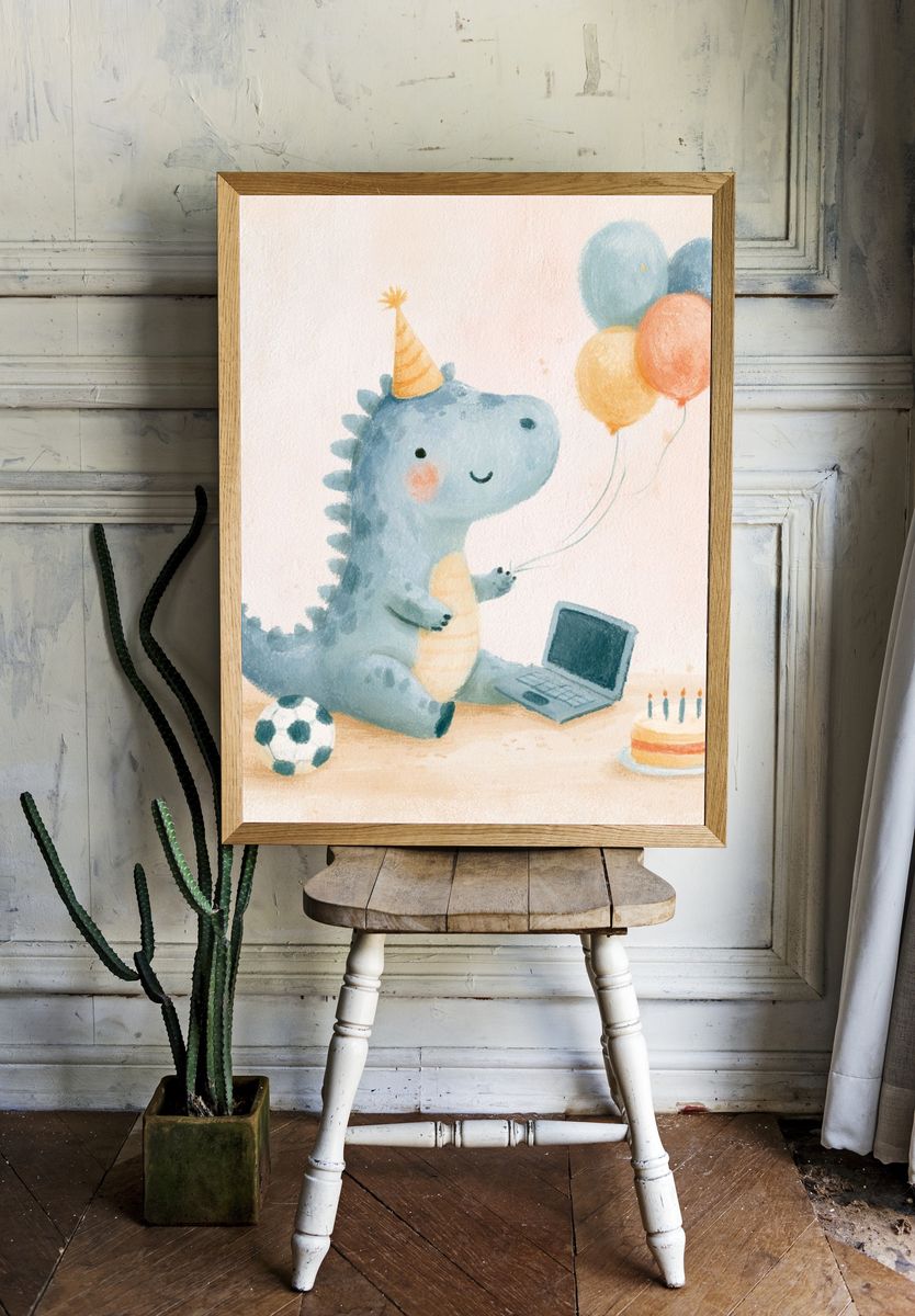 Birthday Dino Watercolor Poster. room preview