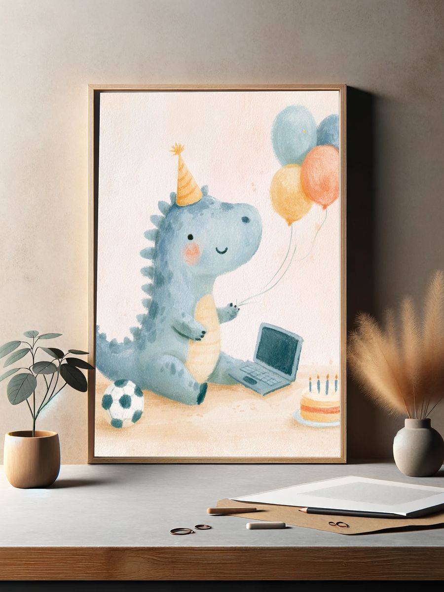 Birthday Dino Watercolor Poster. — room view 2