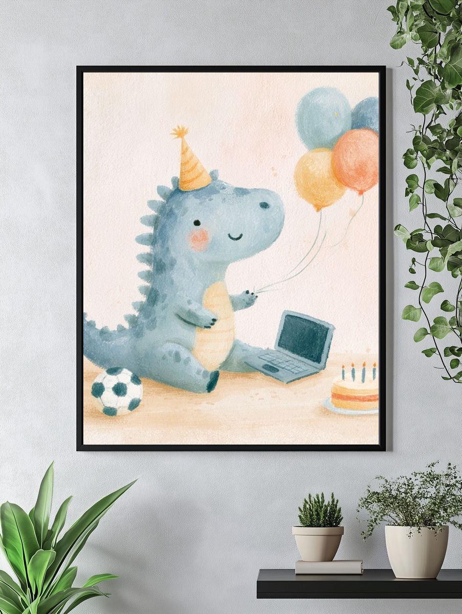 Birthday Dino Watercolor Poster. — room view 4