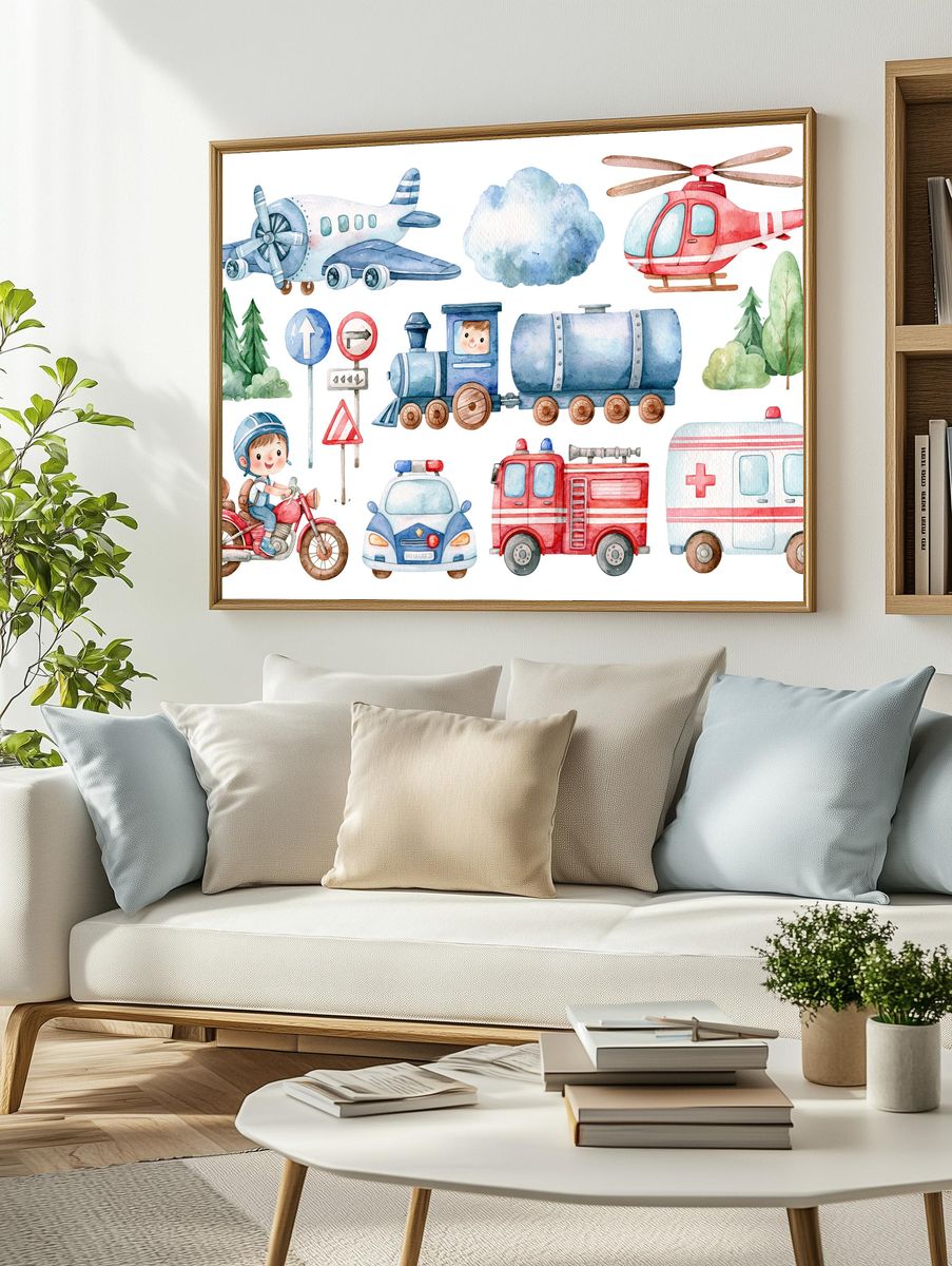 Transportation Watercolor Kids Poster. — room view 2