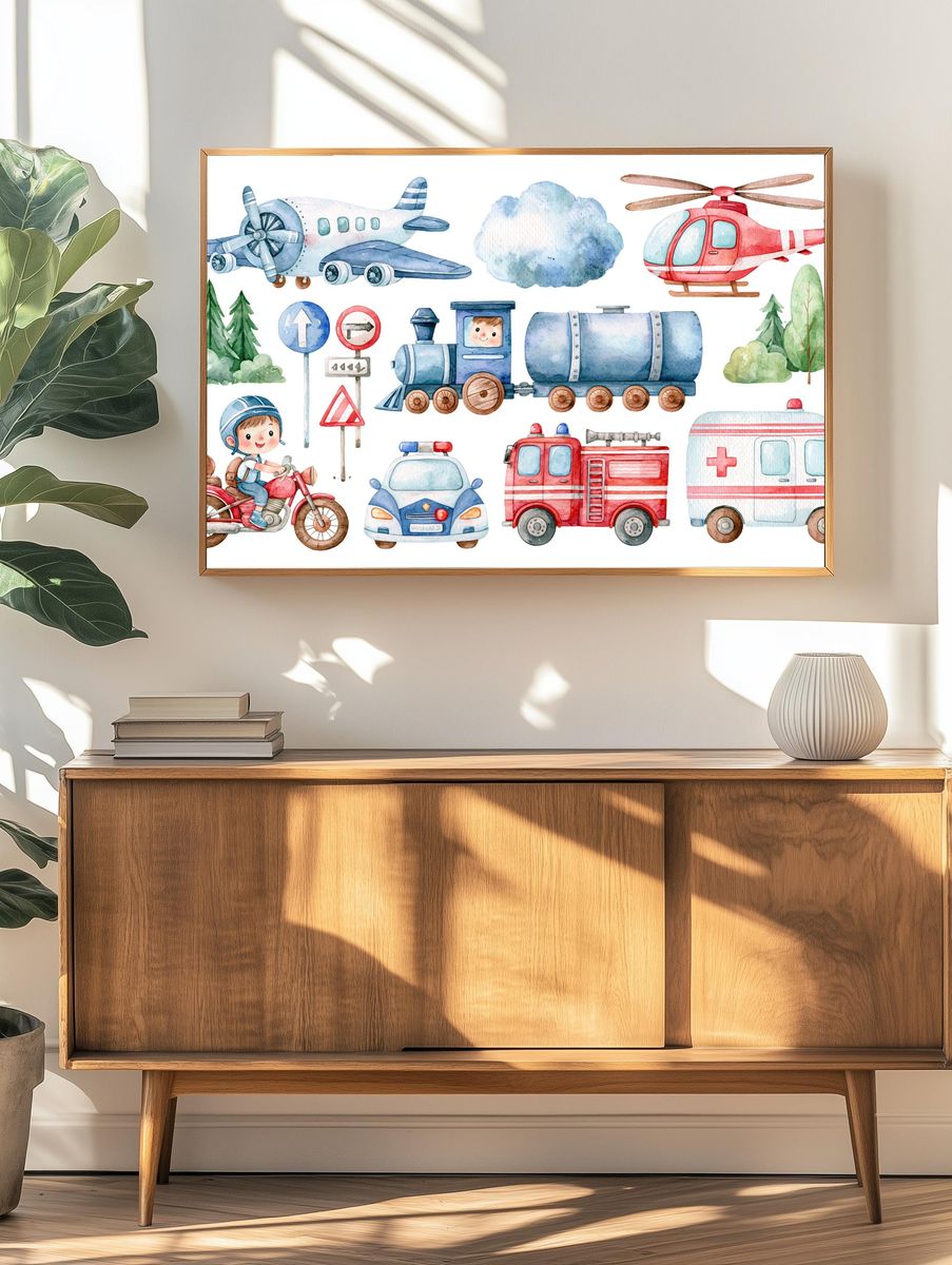 Transportation Watercolor Kids Poster. — room view 3