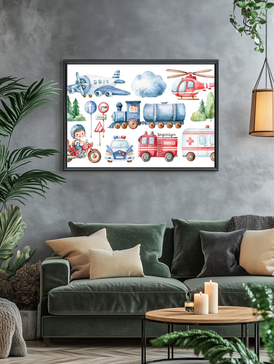 Transportation Watercolor Kids Poster. — room view 4
