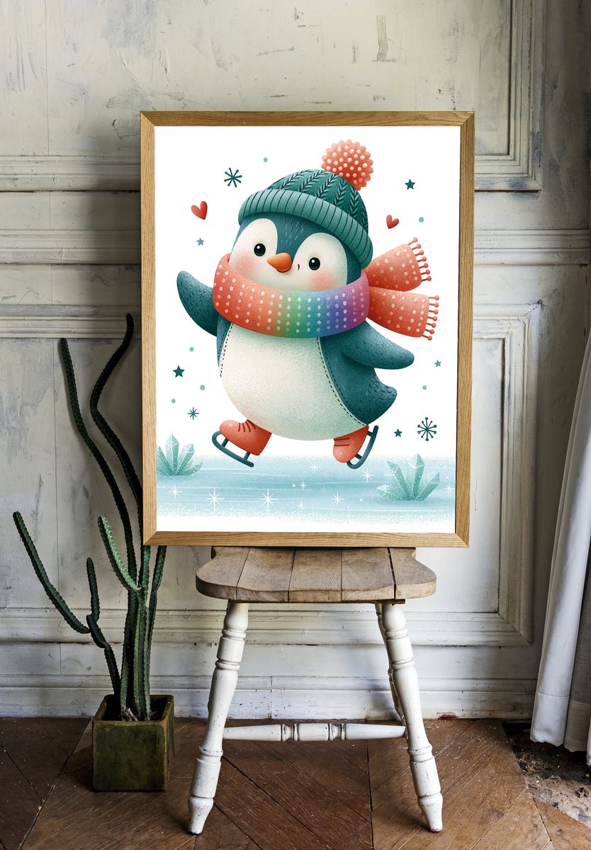 Skating Penguin Winter Illustration Poster. room preview