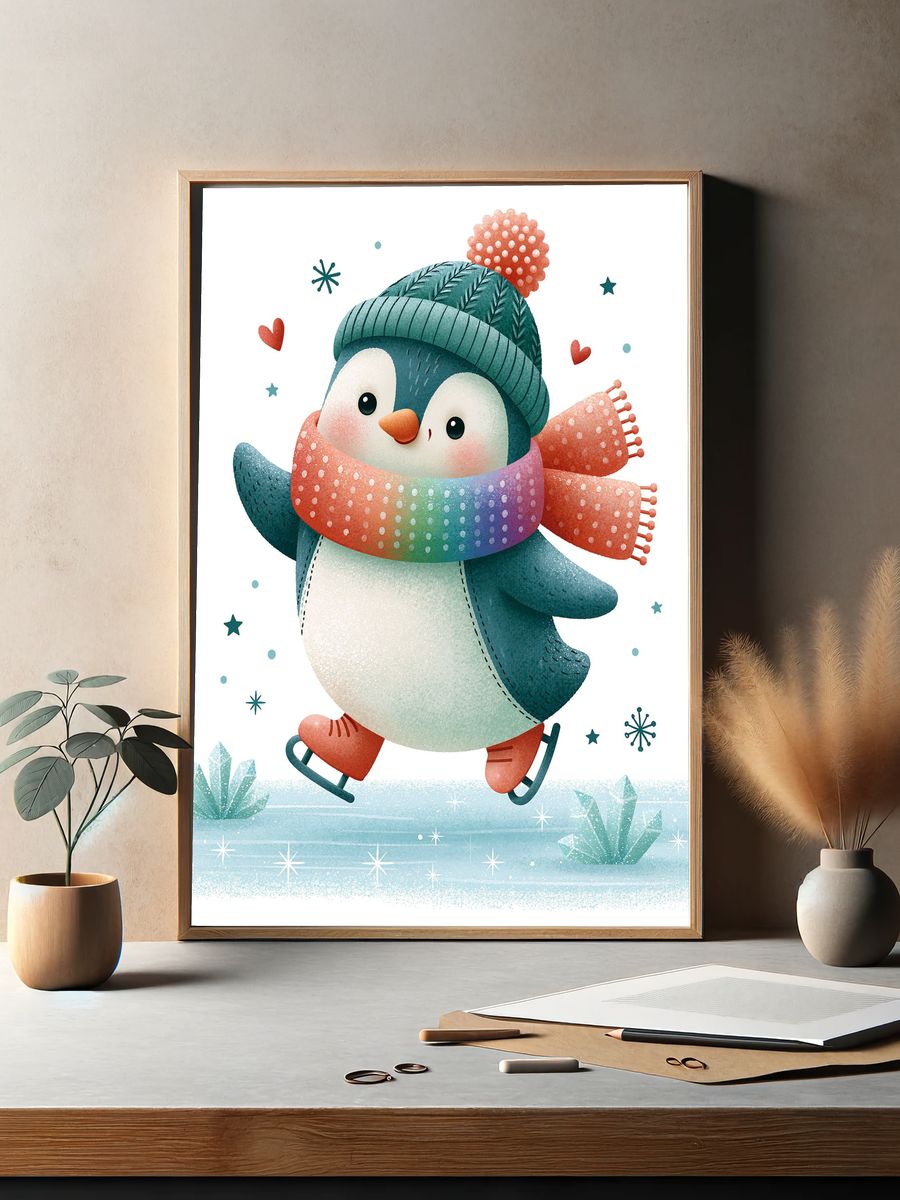 Skating Penguin Winter Illustration Poster. — room view 2