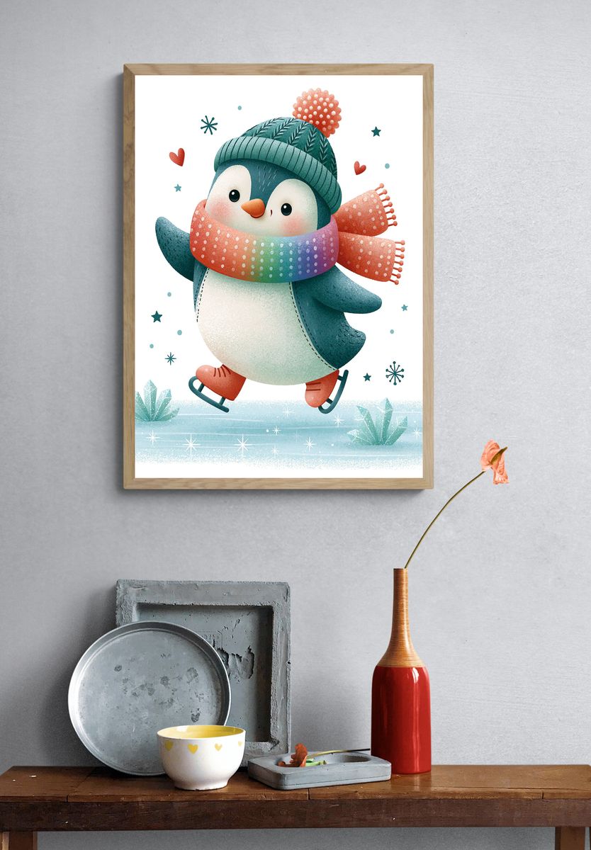 Skating Penguin Winter Illustration Poster. — room view 3