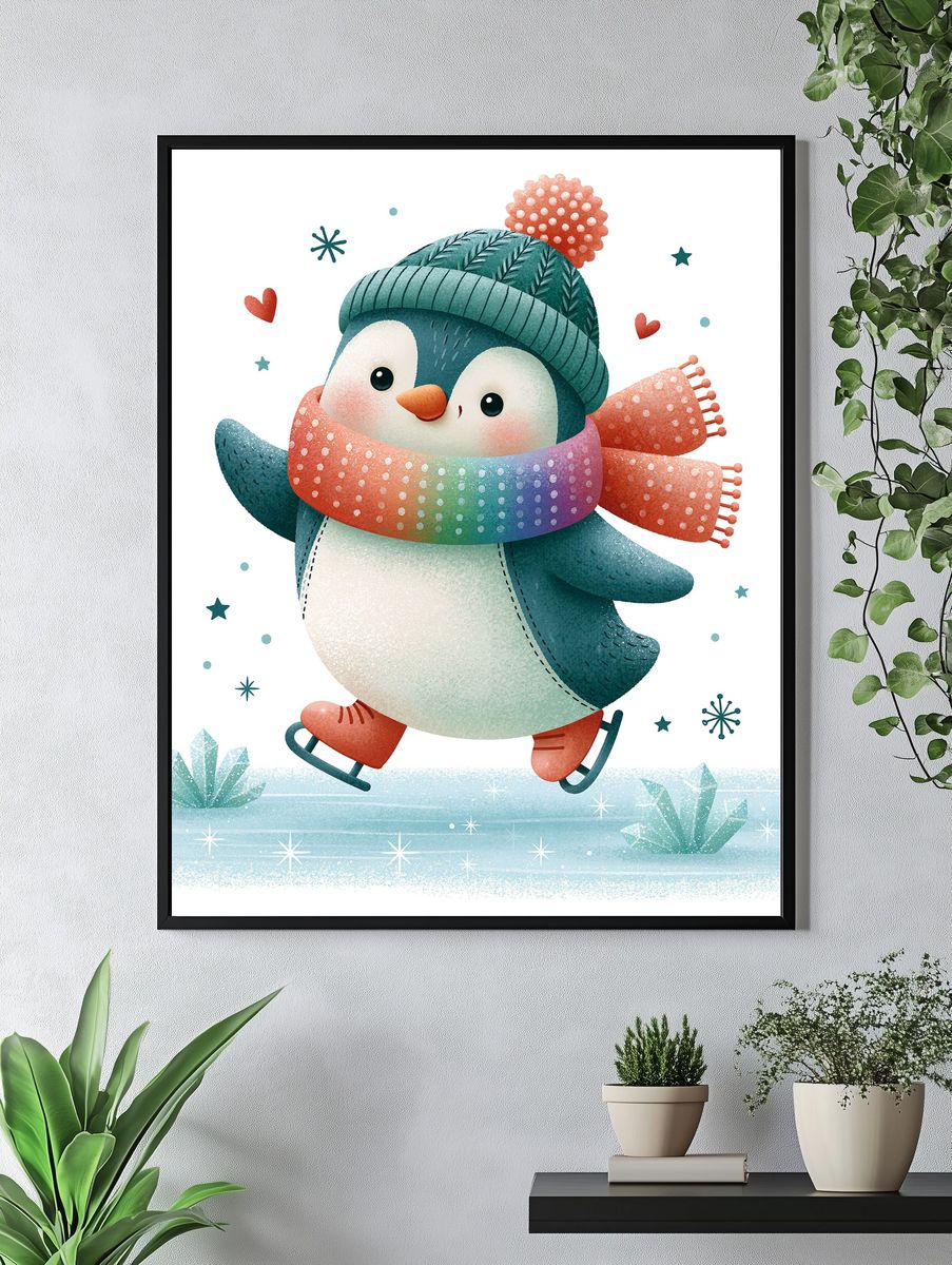 Skating Penguin Winter Illustration Poster. — room view 4