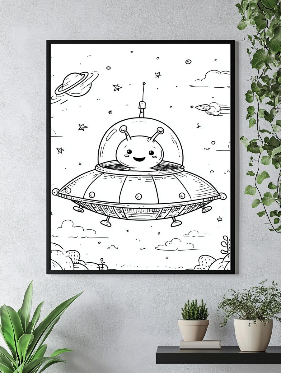 Cute Alien in Spaceship — Cartoon Print. — room view 4
