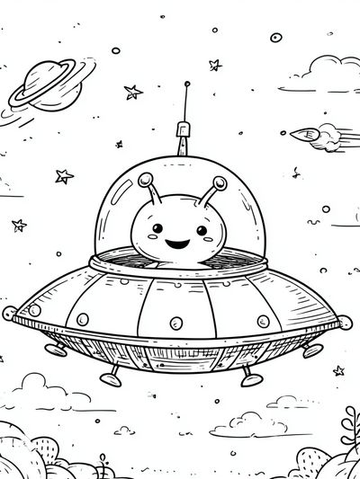 Cute Alien in Spaceship — Cartoon Print. poster