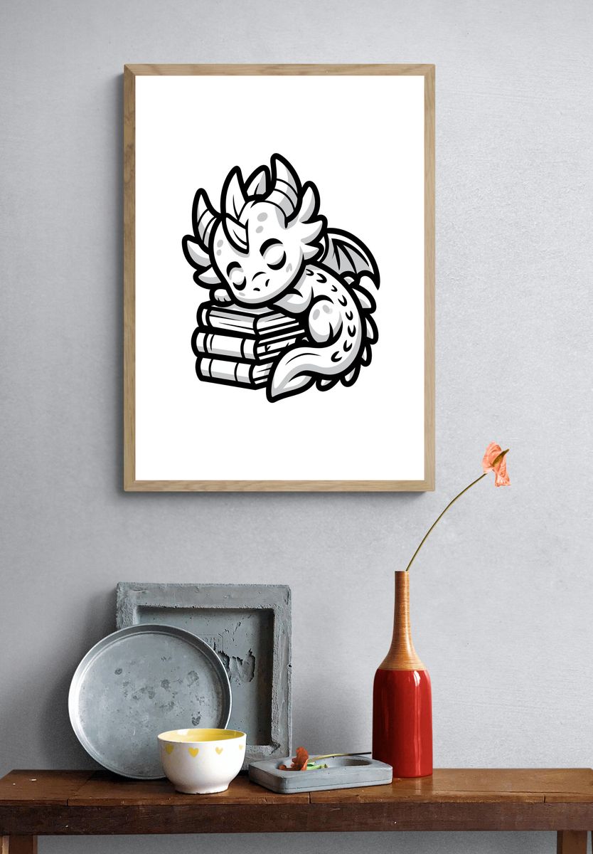 Sleeping Dragon Line-Art Poster. — room view 3