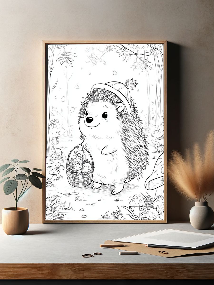 Cute Hedgehog Forest Coloring Poster. — room view 2