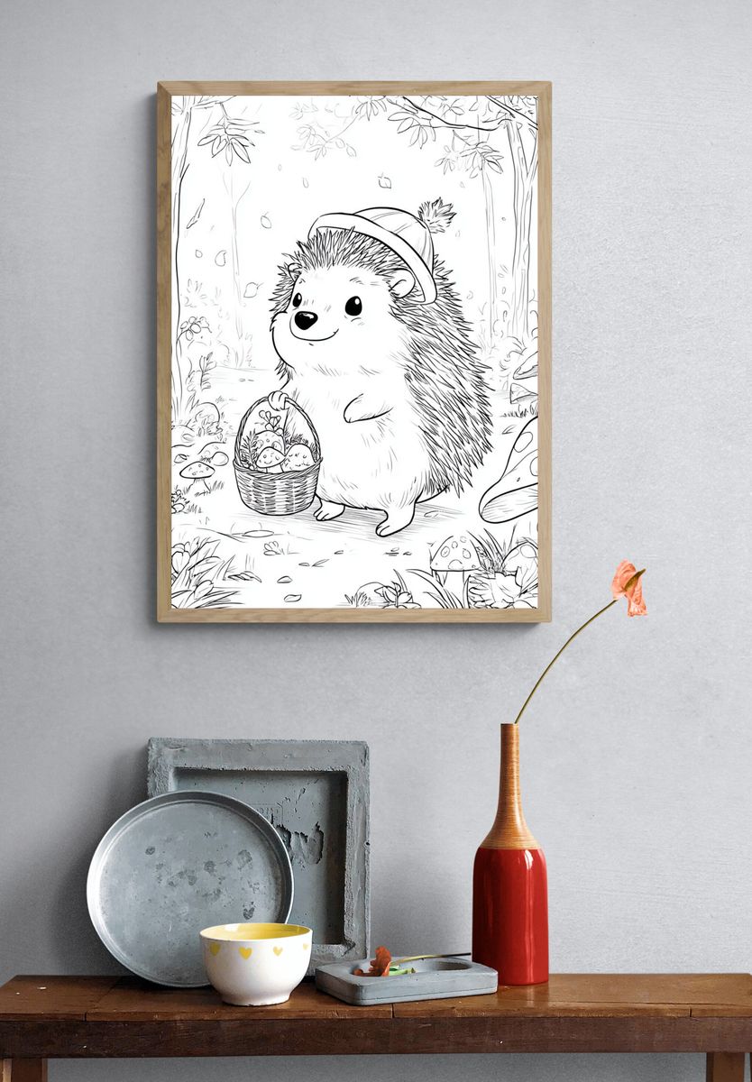 Cute Hedgehog Forest Coloring Poster. — room view 3