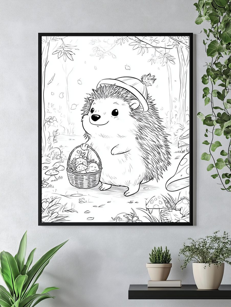 Cute Hedgehog Forest Coloring Poster. — room view 4