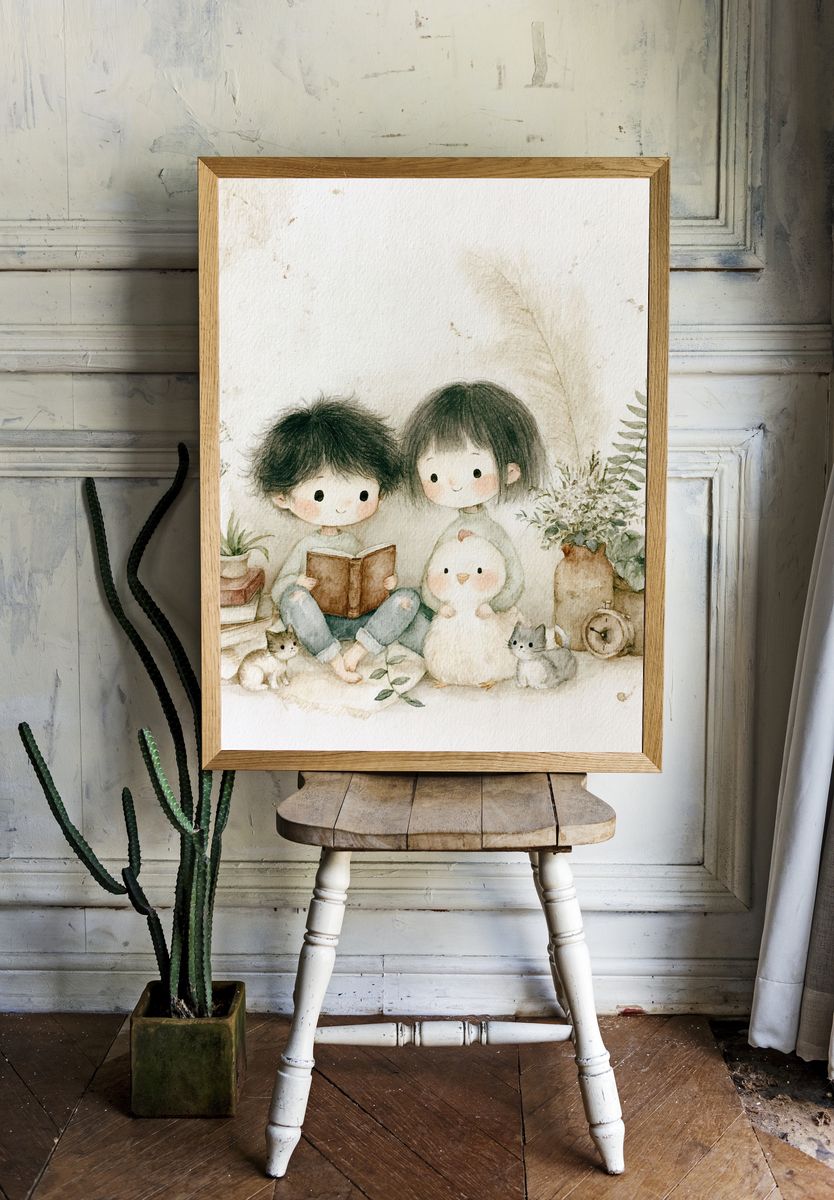 Cozy Children and Cat Watercolor Print. room preview
