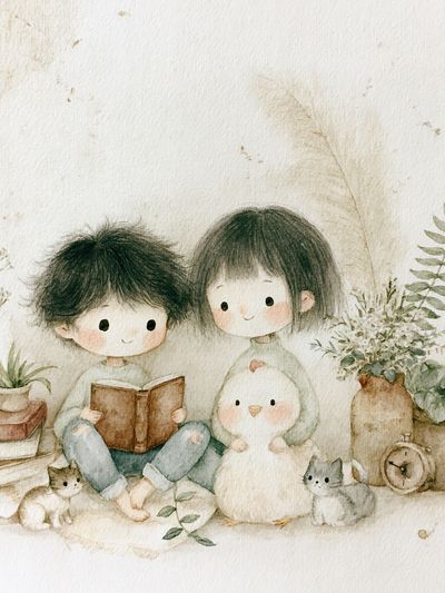 Cozy Children and Cat Watercolor Print. poster