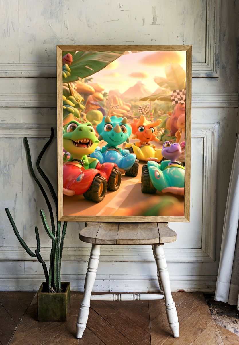 Dinosaur Race Day Illustration Poster. — room view 1
