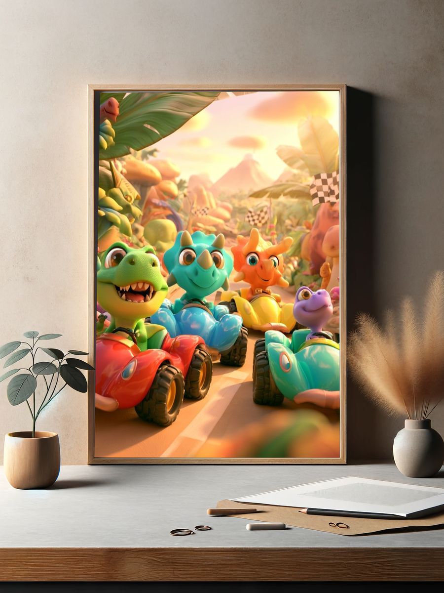 Dinosaur Race Day Illustration Poster. — room view 2