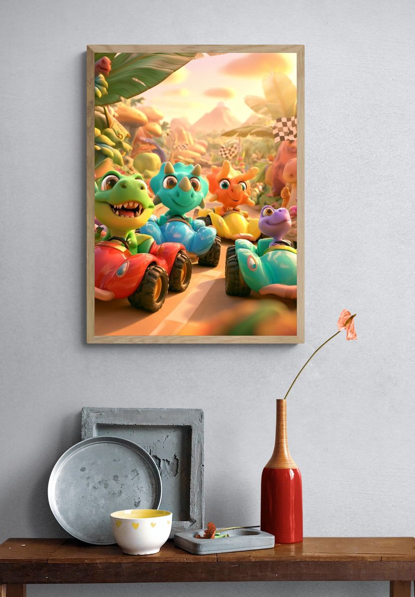 Dinosaur Race Day Illustration Poster. — room view 3