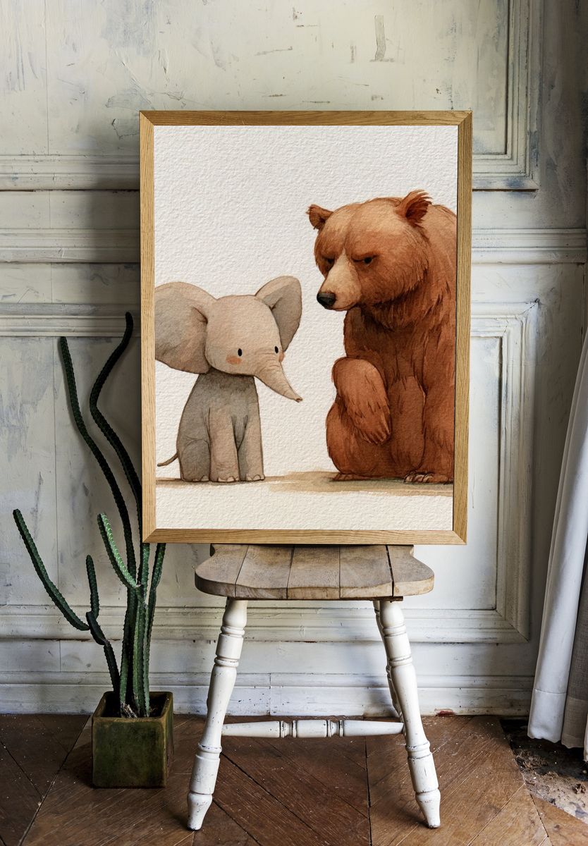 Elephant and Bear Watercolor Poster. — room view 1