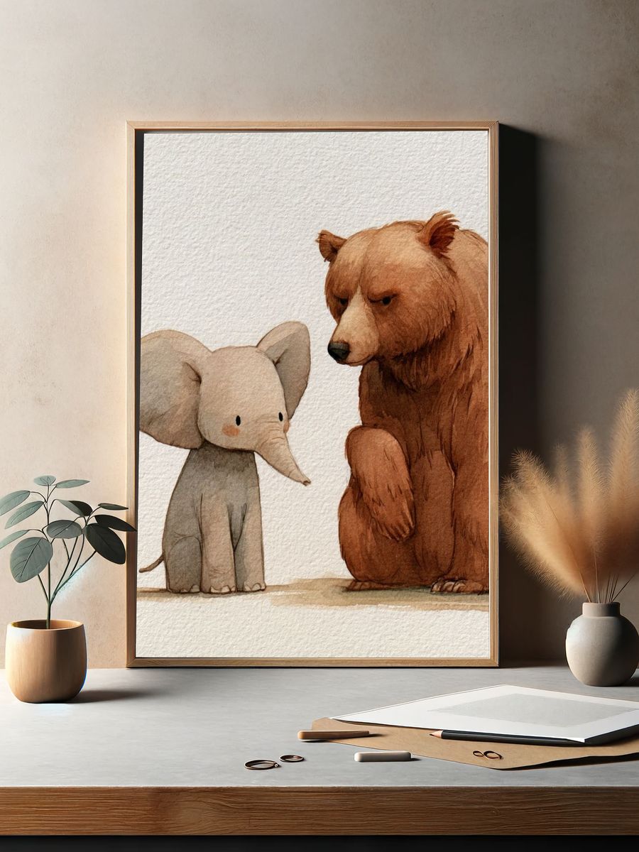Elephant and Bear Watercolor Poster. — room view 2