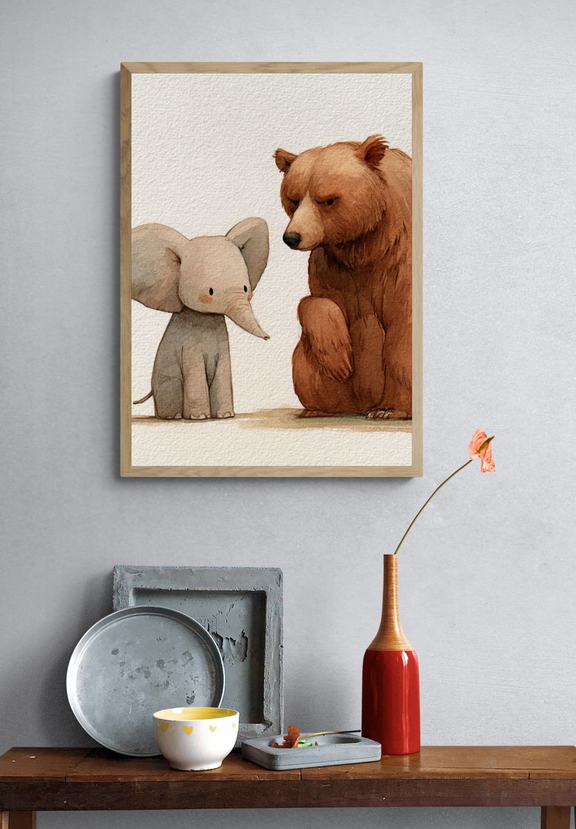 Elephant and Bear Watercolor Poster. — room view 3