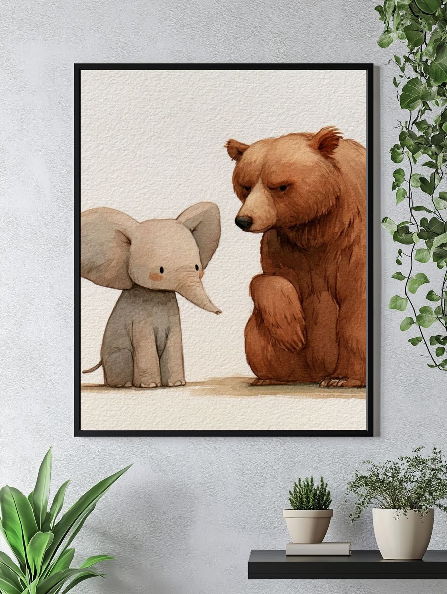 Elephant and Bear Watercolor Poster. — room view 4