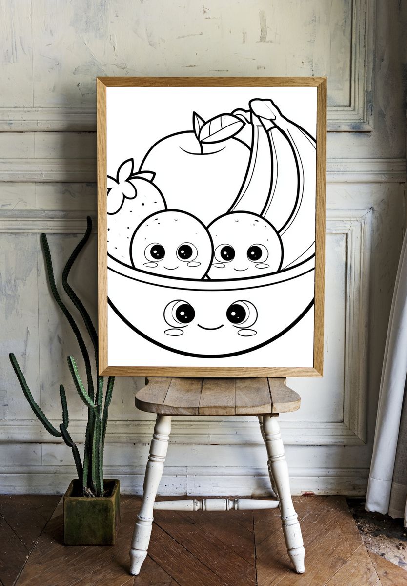 Cute Fruit Bowl Cartoon Print. room preview