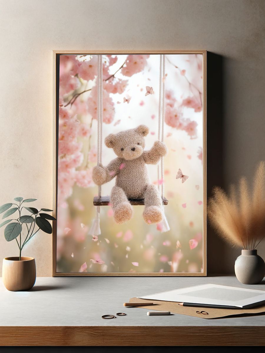Teddy Bear on Swing — Kids Print. — room view 2