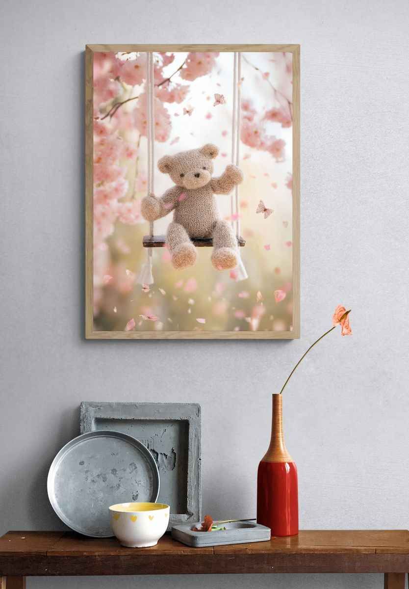 Teddy Bear on Swing — Kids Print. — room view 3