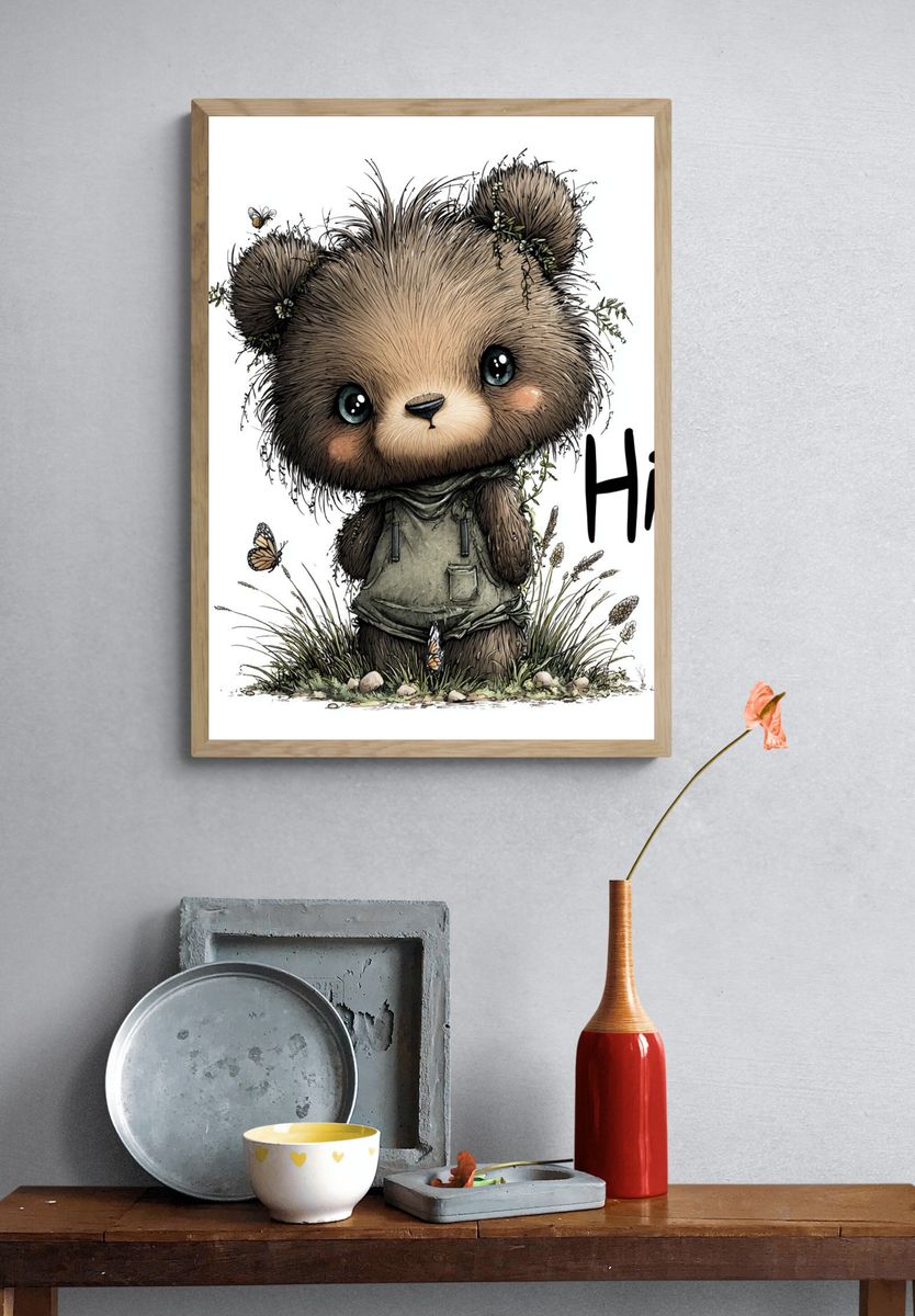 Cute Bear Hello Illustration Poster. — room view 3