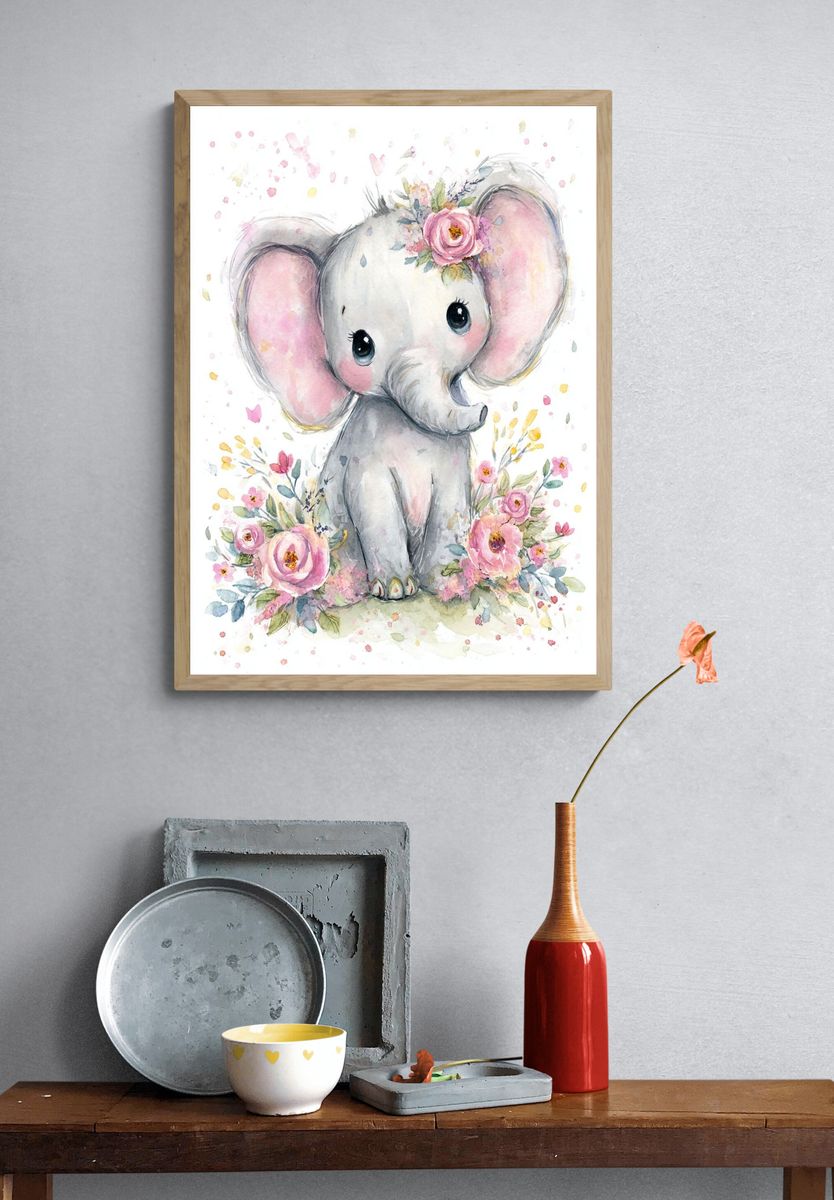 Cute Elephant Watercolor Poster. — room view 3