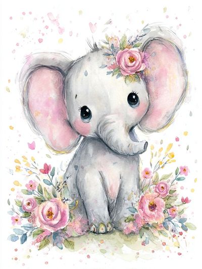 Cute Elephant Watercolor Poster.