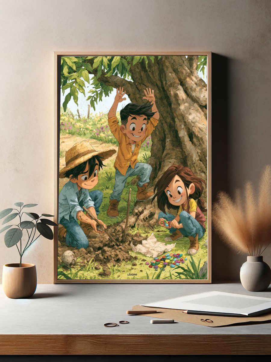 Children Playing Under Tree Illustration Poster. — room view 2